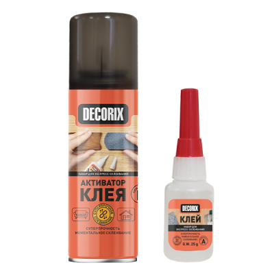 Клей двухкомпонентный для экспресс-склеивания DECORIX: Супер клей 25 г + Аэрозольный активатор 140 мл