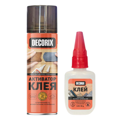 Клей двухкомпонентный для экспресс-склеивания DECORIX: Супер клей 50 г + Аэрозольный активатор 270 мл